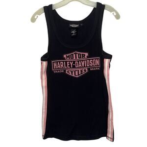 Women’s Harley Davidson Black Racer Back Y2K Tank Top Pink Racing Stripes MED